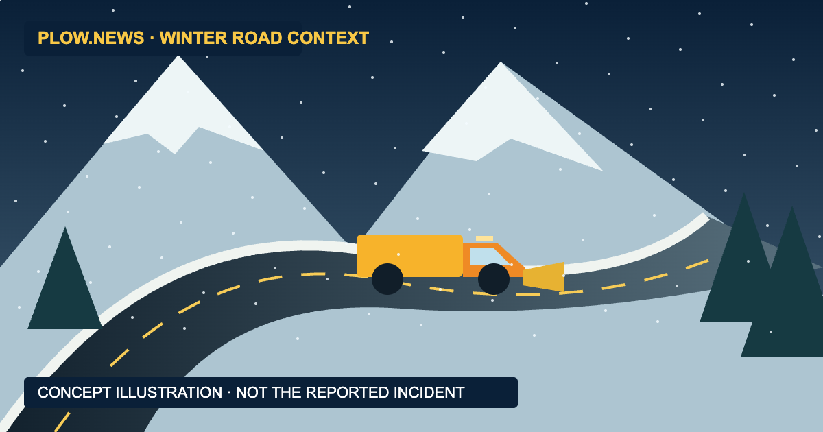Original conceptual illustration of a winter mountain road, upright maintenance truck and route-information panel; not the reported crash scene