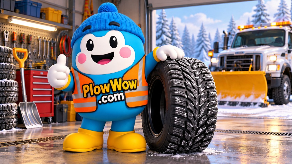 Approved Wow mascot beside a winter tire in an imagined snow-service preparation garage.