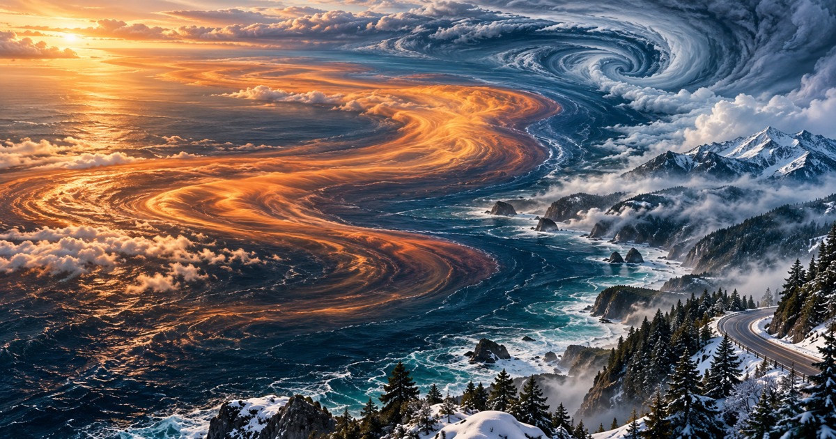 Original editorial illustration of warm Pacific ribbons, a coastal winter road and clouds; not an actual forecast map